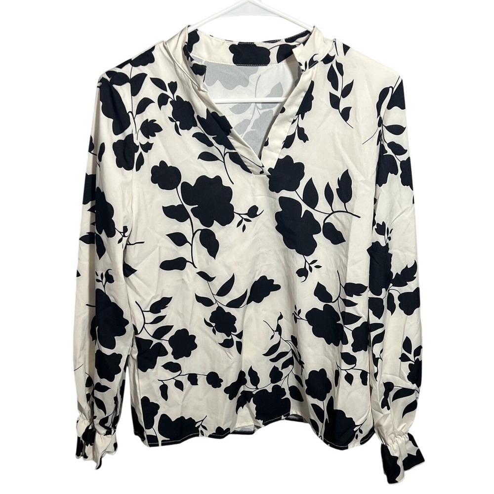Women's M Black & White Floral Long Sleeve V-Neck Blouse Top Ruffle Cuff